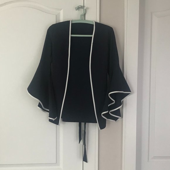 Zara Navy Blue Blazer Jacket Cardigan with White Stripe and Fancy sleeves XS - Picture 1 of 4